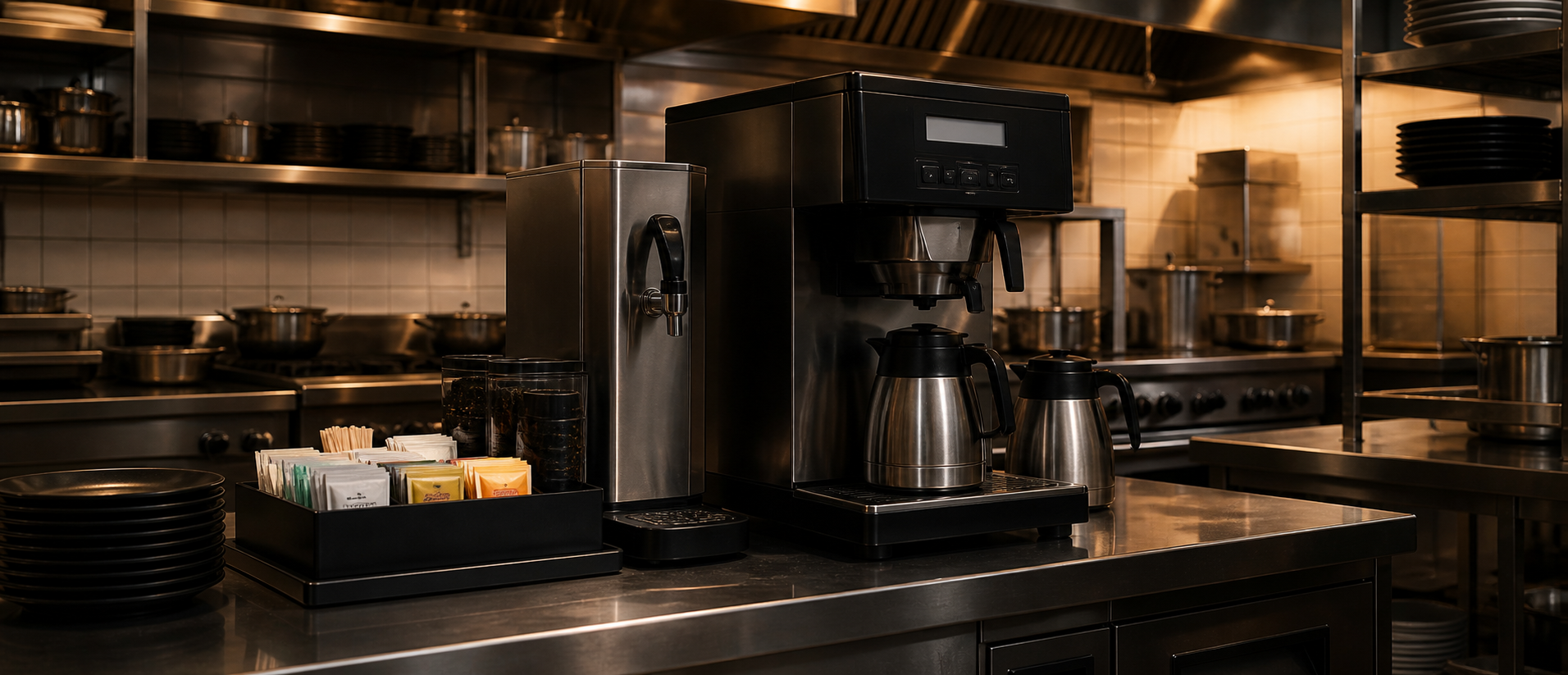 Commercial coffee brewing equipment installed in a restaurant kitchen - Coffee & Tea Solutions serves restaurants and hospitality businesses in the DFW area