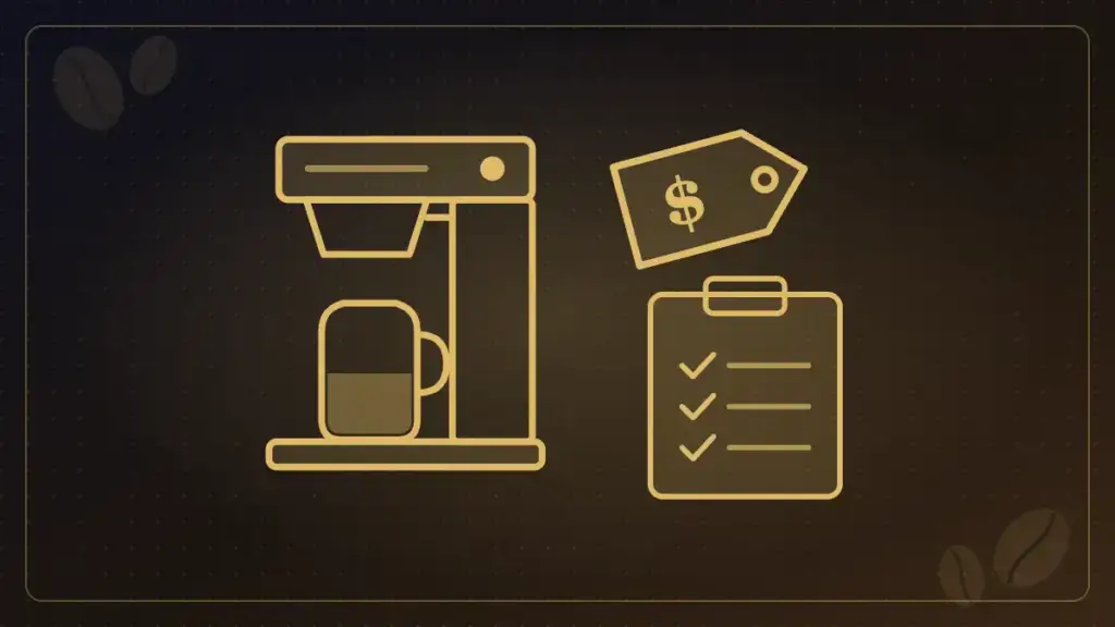 Illustration of a commercial coffee brewer, price tag and checklist for buying new coffee and tea equipment
