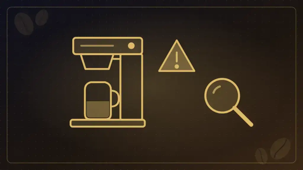 Illustration of a commercial coffee brewer with a warning sign and magnifying glass for brewer troubleshooting