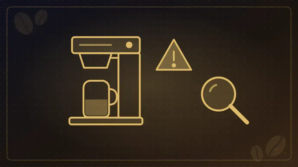 Illustration of a commercial coffee brewer with a warning sign and magnifying glass for brewer troubleshooting