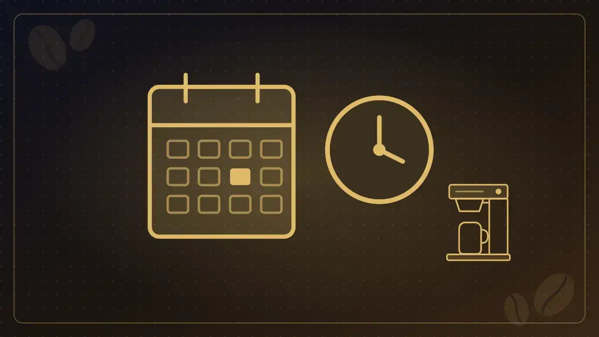 Illustration of a calendar, clock and coffee brewer representing a coffee and tea equipment service schedule