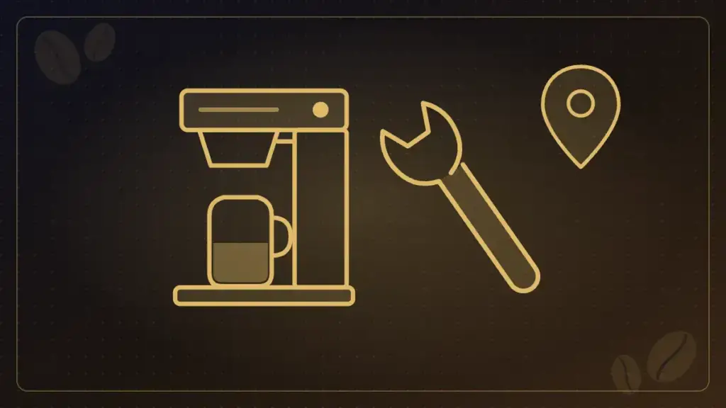 Illustration of a commercial coffee brewer, wrench and map pin representing coffee and tea equipment repair in Dallas-Fort Worth