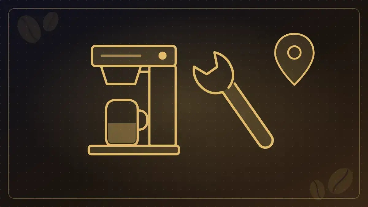 Illustration of a commercial coffee brewer, wrench and map pin representing coffee and tea equipment repair in Dallas-Fort Worth