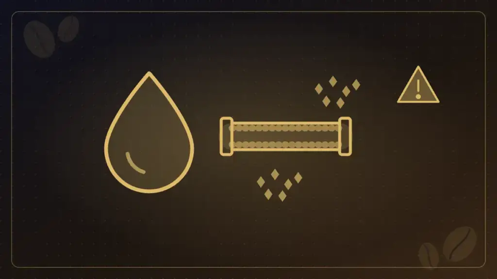 Illustration of a water drop and a pipe with scale buildup representing hard water damage to coffee equipment