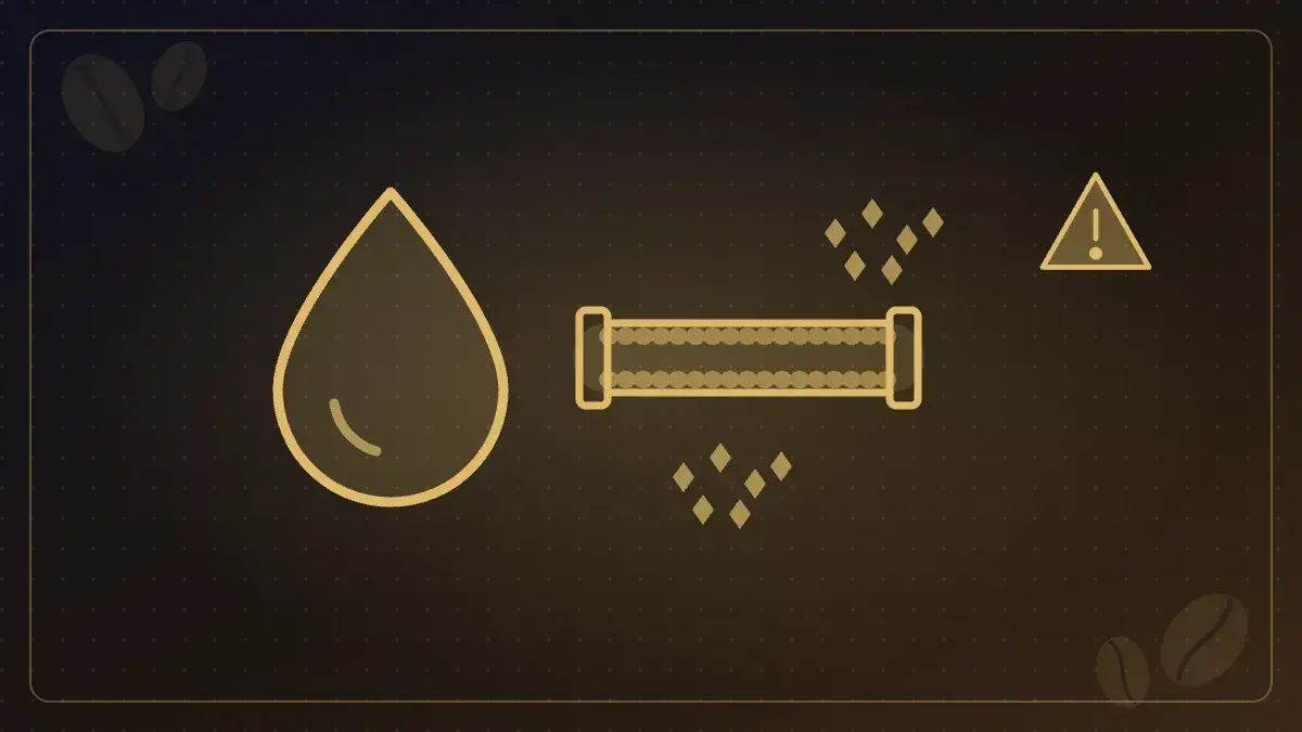 Illustration of a water drop and a pipe with scale buildup representing hard water damage to coffee equipment
