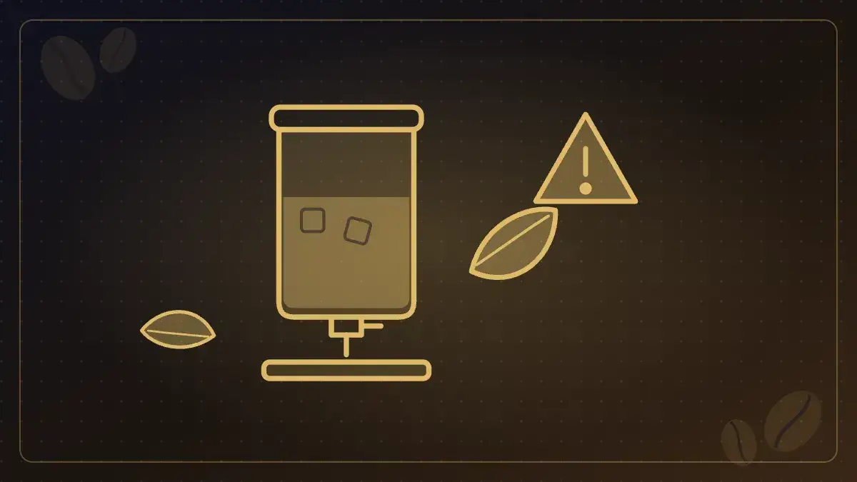 Illustration of an iced tea dispenser with tea leaves and a warning sign for iced tea urn troubleshooting