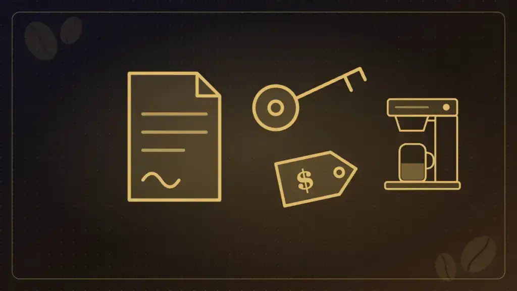 Illustration of a lease agreement, key and price tag representing leasing versus buying commercial coffee equipment