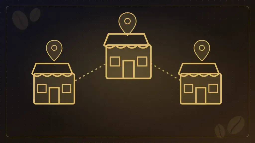 Illustration of three connected storefronts with location pins representing multi-location coffee and tea equipment service