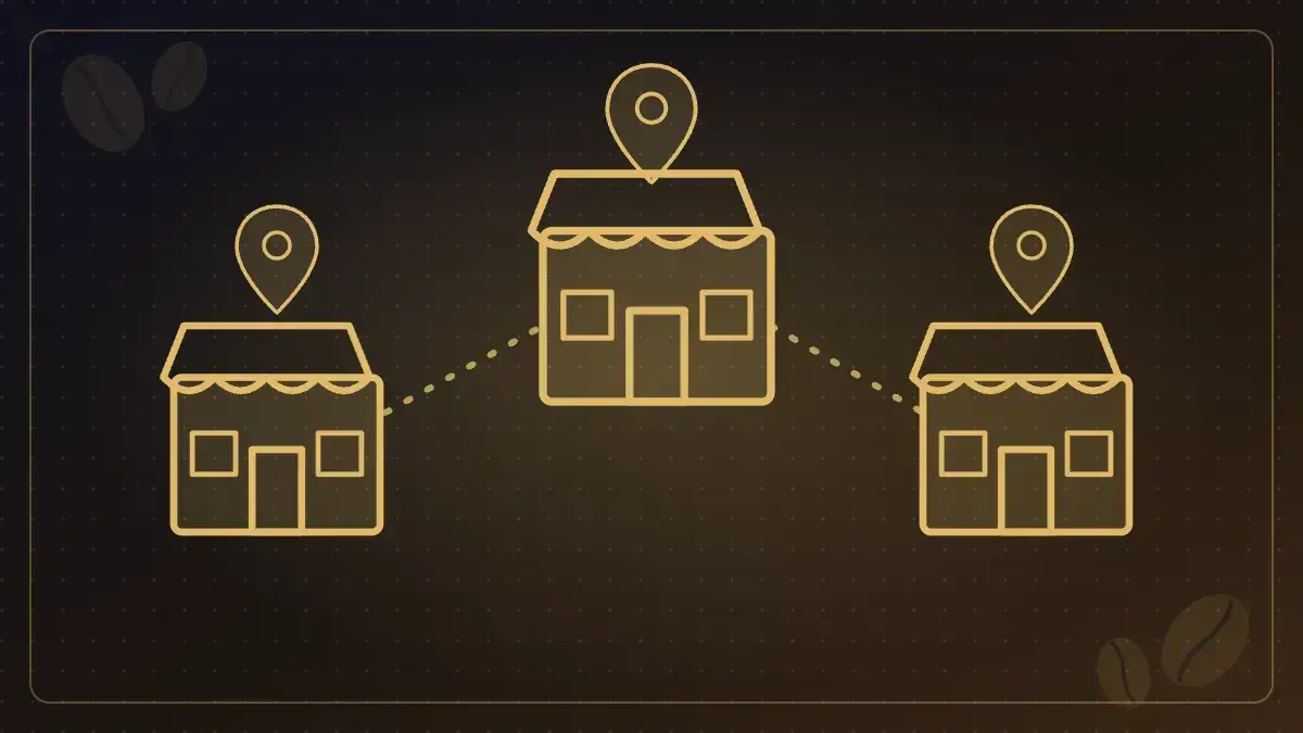 Illustration of three connected storefronts with location pins representing multi-location coffee and tea equipment service