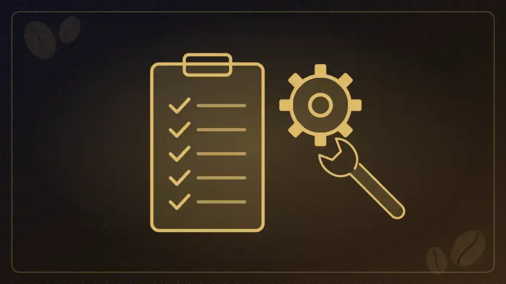 Illustration of a checklist, gear and wrench representing a preventative maintenance plan for coffee equipment