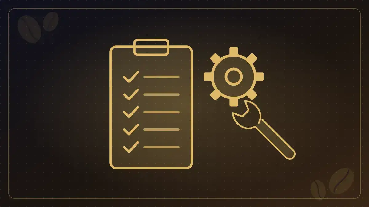 Illustration of a checklist, gear and wrench representing a preventative maintenance plan for coffee equipment