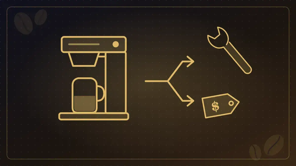Illustration of a coffee brewer with arrows pointing to a wrench and a price tag, representing the repair or replace decision